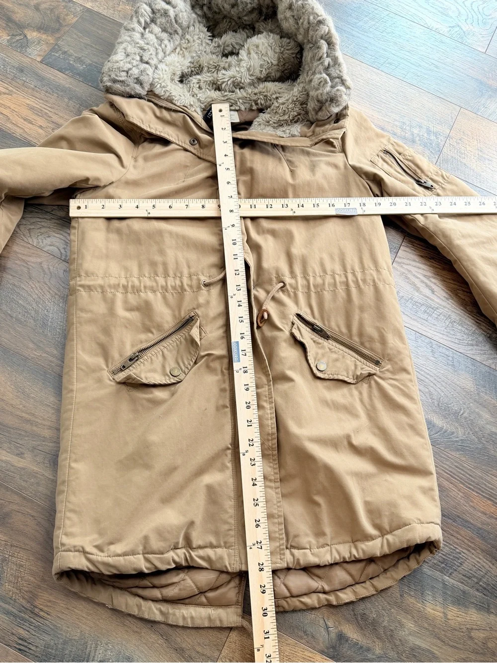 Tan Parka Coat Faux Fur-Lined Hood Winter interior quilted cozy bulky mid-length